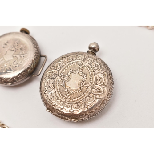 98 - TWO EARLY 20TH CENTURY FOB WATCHES AND A WRISTWATCH, to include a fob watch stamped 0.935 embossed o... 