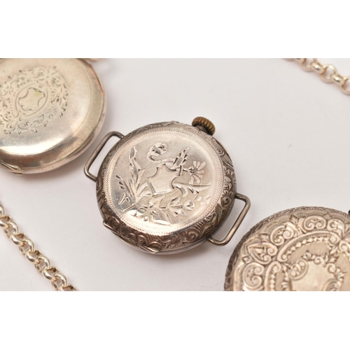 98 - TWO EARLY 20TH CENTURY FOB WATCHES AND A WRISTWATCH, to include a fob watch stamped 0.935 embossed o... 