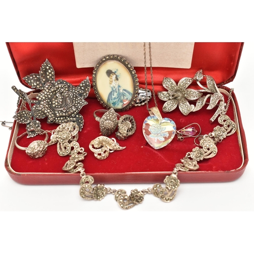 99 - A COLLECTION OF MARCASITE AND WHITE METAL JEWELLERY, a include a miniature portrait brooch with marc... 