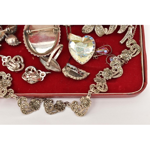 99 - A COLLECTION OF MARCASITE AND WHITE METAL JEWELLERY, a include a miniature portrait brooch with marc... 