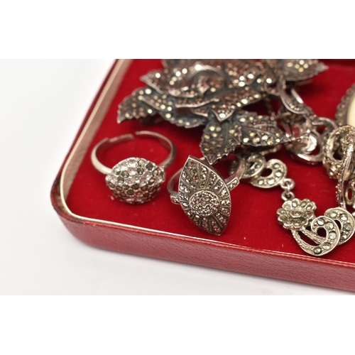 99 - A COLLECTION OF MARCASITE AND WHITE METAL JEWELLERY, a include a miniature portrait brooch with marc... 