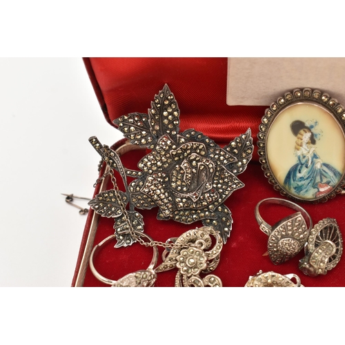 99 - A COLLECTION OF MARCASITE AND WHITE METAL JEWELLERY, a include a miniature portrait brooch with marc... 