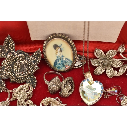 99 - A COLLECTION OF MARCASITE AND WHITE METAL JEWELLERY, a include a miniature portrait brooch with marc... 