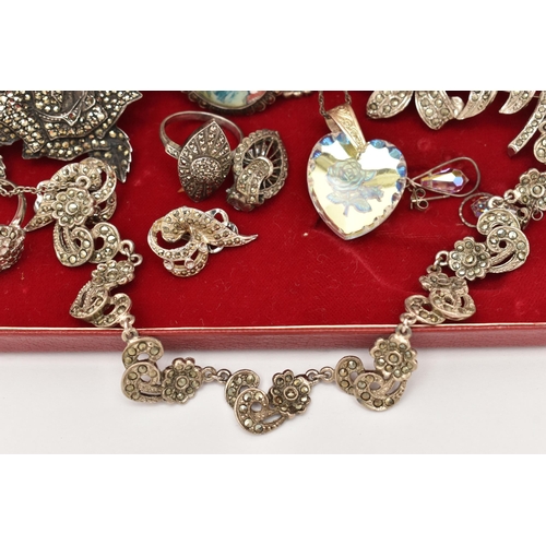 99 - A COLLECTION OF MARCASITE AND WHITE METAL JEWELLERY, a include a miniature portrait brooch with marc... 