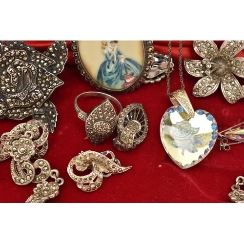 99 - A COLLECTION OF MARCASITE AND WHITE METAL JEWELLERY, a include a miniature portrait brooch with marc... 