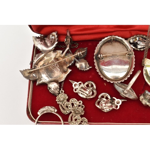 99 - A COLLECTION OF MARCASITE AND WHITE METAL JEWELLERY, a include a miniature portrait brooch with marc... 