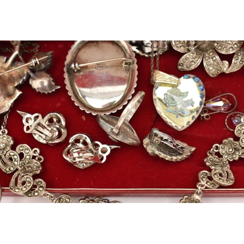 99 - A COLLECTION OF MARCASITE AND WHITE METAL JEWELLERY, a include a miniature portrait brooch with marc... 