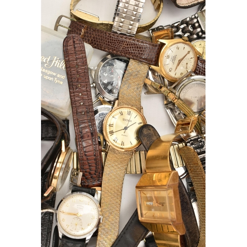 116 - A BOX OF ASSORTED WATCHES, an assortment of watches to include two silver cased watches, both hallma... 