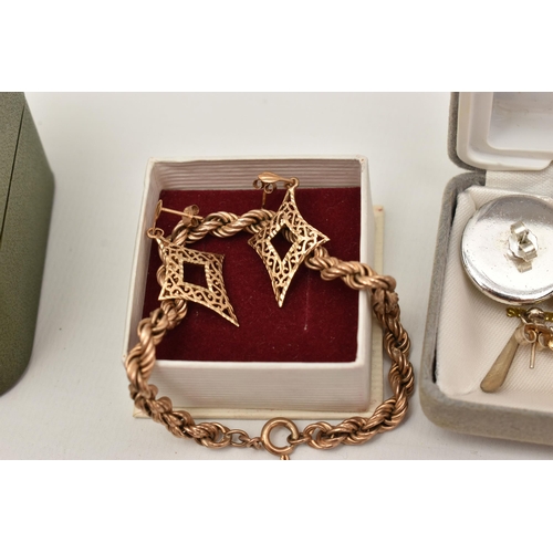 118 - A 9CT GOLD ROPE TWIST BRACELET, A PAIR OF YELLOW METAL EARRINGS AND A BOX OF COSTUME JEWELLERY, the ... 