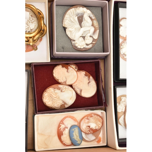 120 - A SELECTION OF LOOSE SHELL CAMEOS AND TWO BROOCHES, including various sized carved shell cameos, mos... 