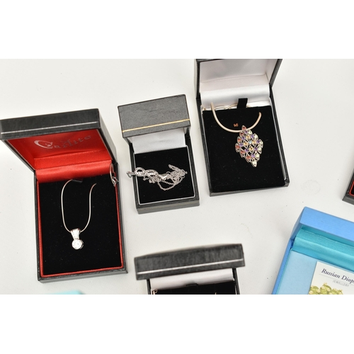 123 - A BOX OF ASSORTED WHITE METAL PENDANT NECKLACES AND PENDANTS, various designs, to include chains, so... 