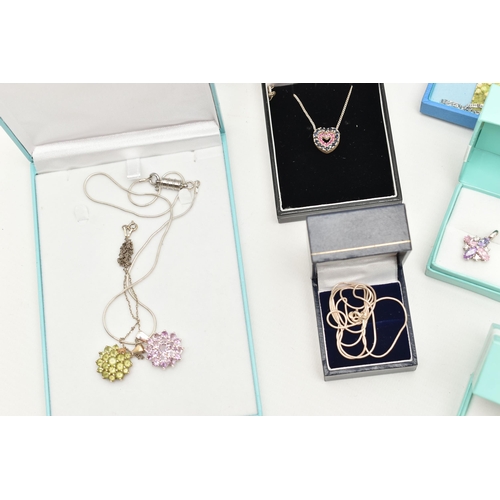 123 - A BOX OF ASSORTED WHITE METAL PENDANT NECKLACES AND PENDANTS, various designs, to include chains, so... 