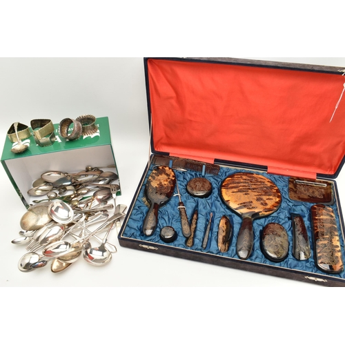 126 - A DRESSING TABLE SET AND ASSORTED FLATWARE, a large cased dressing table set decorated with imitatio... 