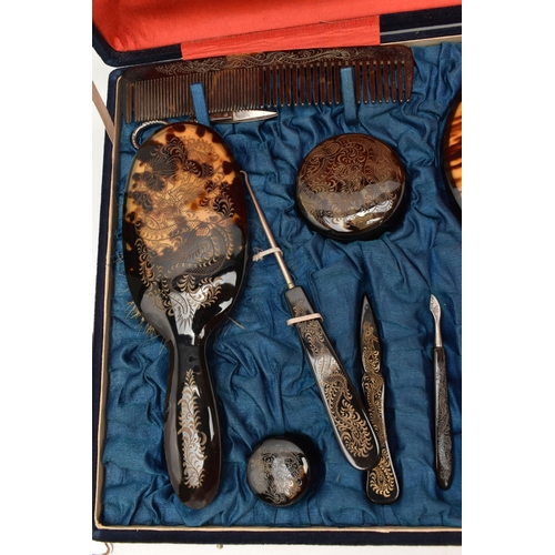 126 - A DRESSING TABLE SET AND ASSORTED FLATWARE, a large cased dressing table set decorated with imitatio... 