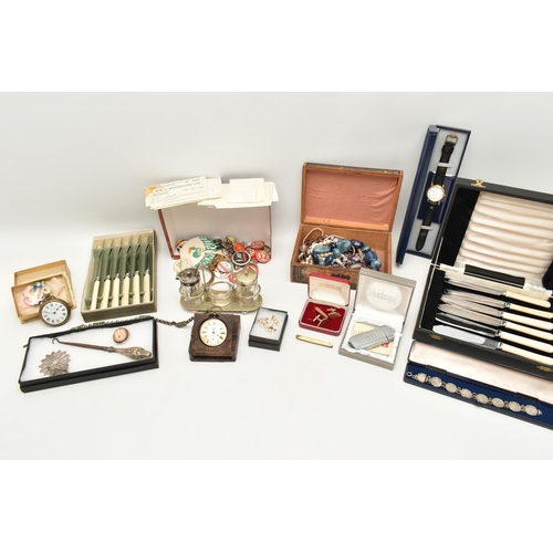 127 - A BOX OF ASSORTED ITEMS, to include a boxed gents 'Maurice Lacroix' quartz wristwatch, gold plated c... 