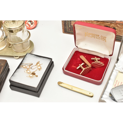 127 - A BOX OF ASSORTED ITEMS, to include a boxed gents 'Maurice Lacroix' quartz wristwatch, gold plated c... 