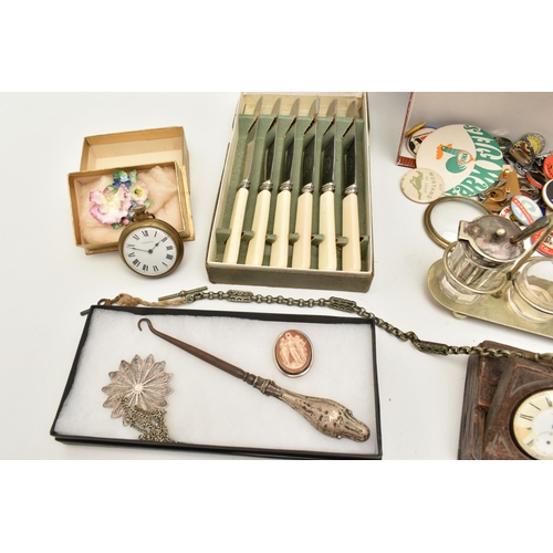 127 - A BOX OF ASSORTED ITEMS, to include a boxed gents 'Maurice Lacroix' quartz wristwatch, gold plated c... 