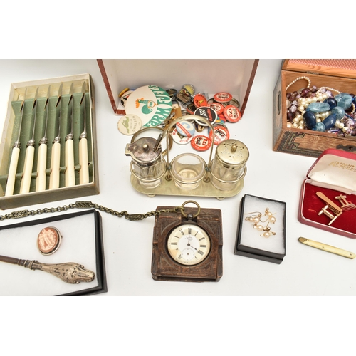 127 - A BOX OF ASSORTED ITEMS, to include a boxed gents 'Maurice Lacroix' quartz wristwatch, gold plated c... 