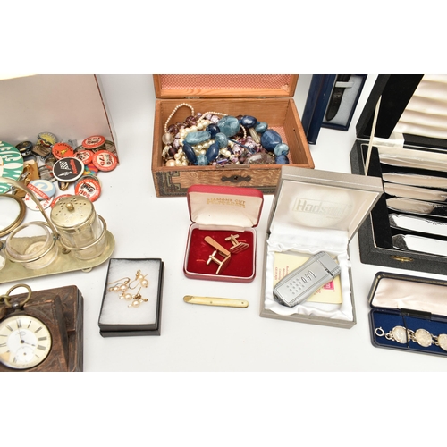 127 - A BOX OF ASSORTED ITEMS, to include a boxed gents 'Maurice Lacroix' quartz wristwatch, gold plated c... 