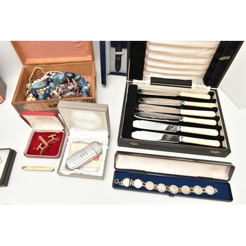 127 - A BOX OF ASSORTED ITEMS, to include a boxed gents 'Maurice Lacroix' quartz wristwatch, gold plated c... 