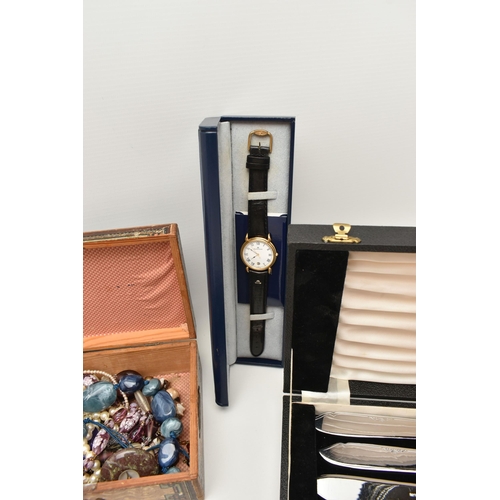 127 - A BOX OF ASSORTED ITEMS, to include a boxed gents 'Maurice Lacroix' quartz wristwatch, gold plated c... 