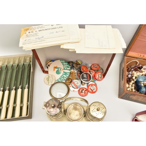 127 - A BOX OF ASSORTED ITEMS, to include a boxed gents 'Maurice Lacroix' quartz wristwatch, gold plated c... 