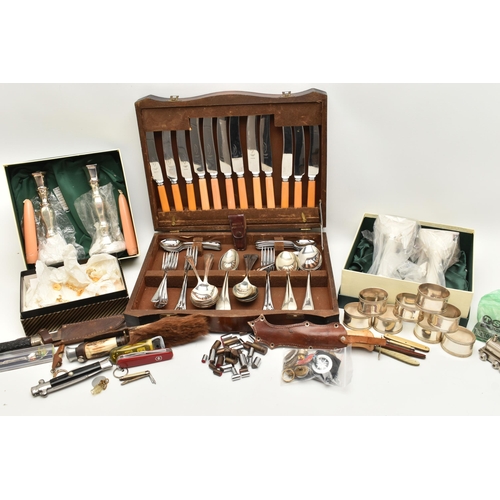 130 - A BOX OF ASSORTED ITEMS, to include two 'Parks London' candlestick holder sets, a 22ct gold plated c... 