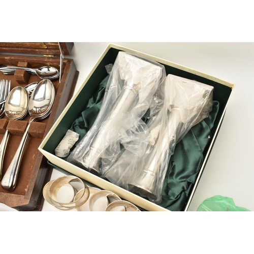 130 - A BOX OF ASSORTED ITEMS, to include two 'Parks London' candlestick holder sets, a 22ct gold plated c... 