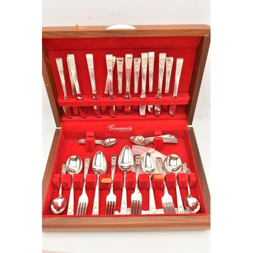 133 - A CANTEEN OF CUTLERY, a wooden canteen, encasing an incomplete cutlery set, case signed 'Community b... 