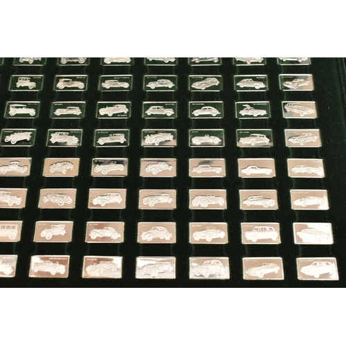 135 - THE 100 GREATEST CARS SILVER MINIATURE COLLECTION, containing 100 miniature silver ingots depicting ... 