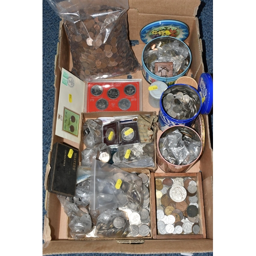 140 - A LARGE CARDBOARD BOX CONTAINING MAINLY UK COINAGE, to include copper coins, Cupro Nickel, Isle of M... 