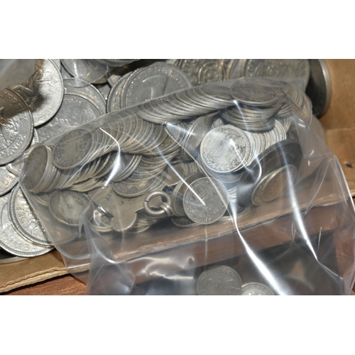 140 - A LARGE CARDBOARD BOX CONTAINING MAINLY UK COINAGE, to include copper coins, Cupro Nickel, Isle of M... 