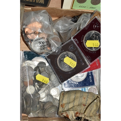 140 - A LARGE CARDBOARD BOX CONTAINING MAINLY UK COINAGE, to include copper coins, Cupro Nickel, Isle of M... 