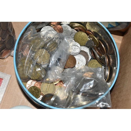 140 - A LARGE CARDBOARD BOX CONTAINING MAINLY UK COINAGE, to include copper coins, Cupro Nickel, Isle of M... 