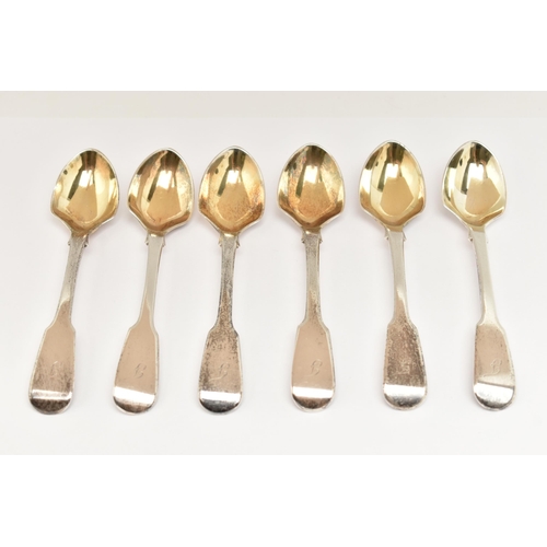 167 - A SET OF SIX GEORGE IV SPOONS, silver fiddle pattern spoons, monogram engraving to the handle and gi... 