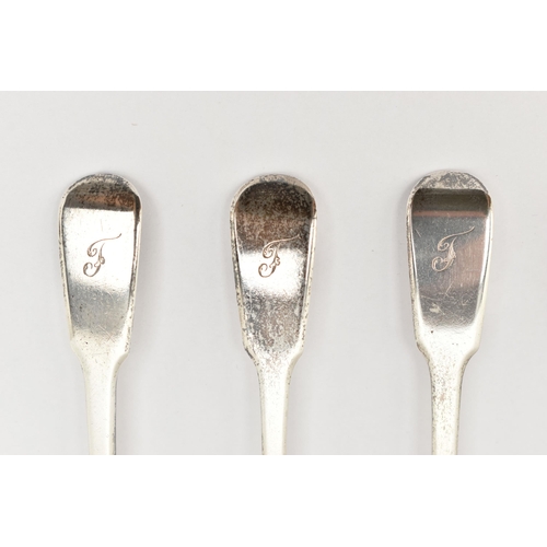 167 - A SET OF SIX GEORGE IV SPOONS, silver fiddle pattern spoons, monogram engraving to the handle and gi... 