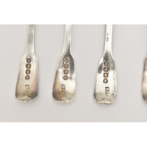 167 - A SET OF SIX GEORGE IV SPOONS, silver fiddle pattern spoons, monogram engraving to the handle and gi... 