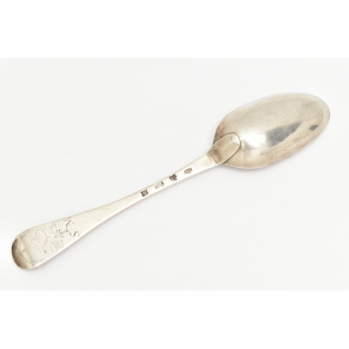 168 - A GEORGE II SILVER TABLESPOON, Hanoverian pattern, with engraved 'Virtus inexpugnabilis' crest and  ... 