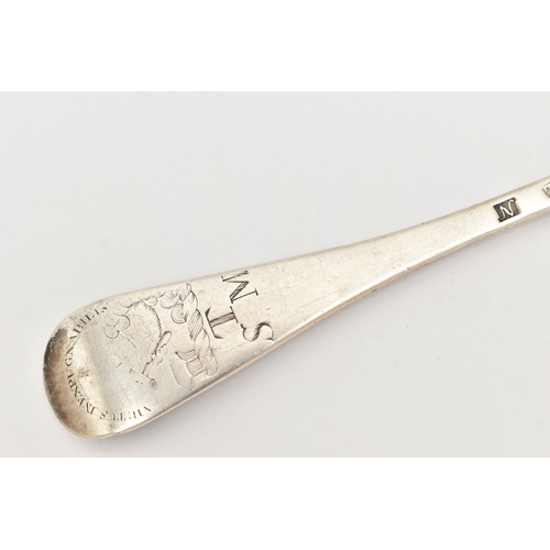 168 - A GEORGE II SILVER TABLESPOON, Hanoverian pattern, with engraved 'Virtus inexpugnabilis' crest and  ... 