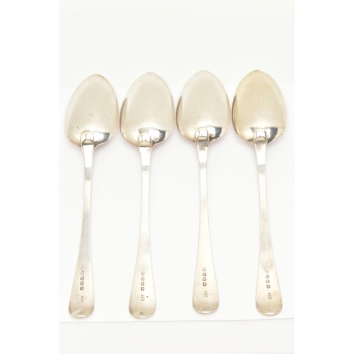 169 - A SET OF FOUR GEORGE III SILVER TABLE SPOONS, old English pattern with monogram detail, approximate ... 