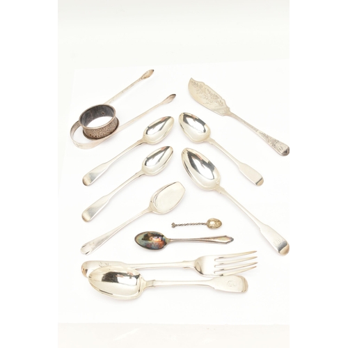 171 - AN ASSORTMENT OF SILVER FLATWARE, to include a silver napkin ring, a pair of sugar tongs, a pair of ... 