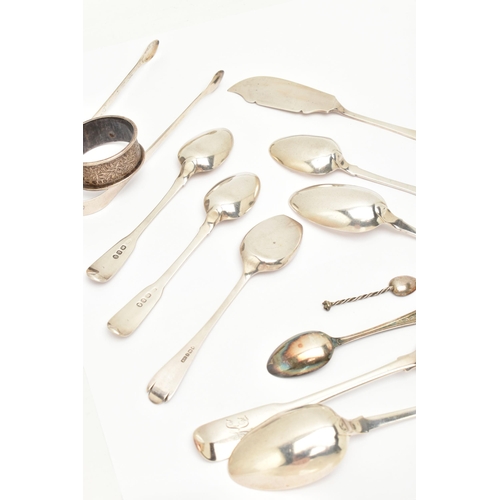 171 - AN ASSORTMENT OF SILVER FLATWARE, to include a silver napkin ring, a pair of sugar tongs, a pair of ... 