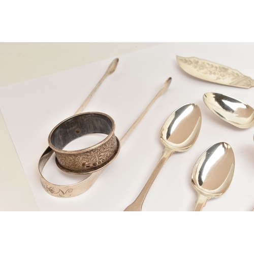 171 - AN ASSORTMENT OF SILVER FLATWARE, to include a silver napkin ring, a pair of sugar tongs, a pair of ... 