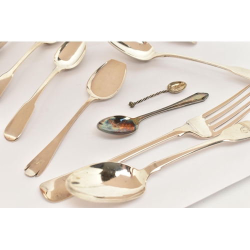 171 - AN ASSORTMENT OF SILVER FLATWARE, to include a silver napkin ring, a pair of sugar tongs, a pair of ... 