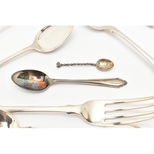 171 - AN ASSORTMENT OF SILVER FLATWARE, to include a silver napkin ring, a pair of sugar tongs, a pair of ... 