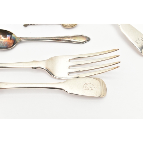 171 - AN ASSORTMENT OF SILVER FLATWARE, to include a silver napkin ring, a pair of sugar tongs, a pair of ... 