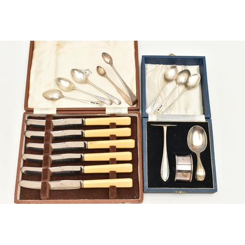 175 - AN ASSORTMENT OF SILVER AND WHITE METAL FLATWARE, to include a set of six silver teaspoons and a pai... 