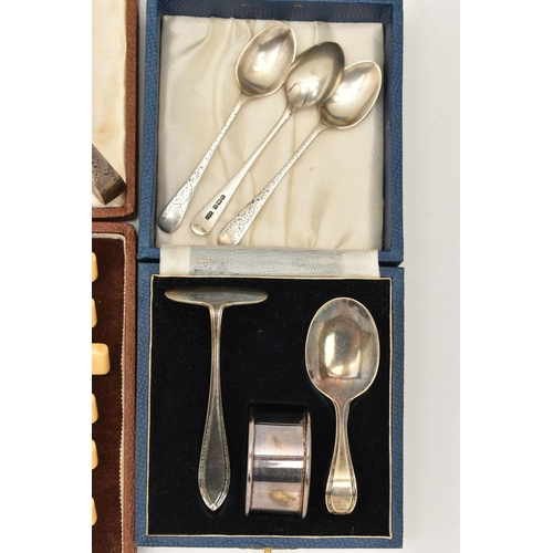 175 - AN ASSORTMENT OF SILVER AND WHITE METAL FLATWARE, to include a set of six silver teaspoons and a pai... 