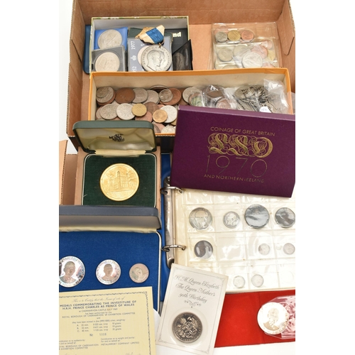 179 - A CARDBOARD TRAY OF MAINLY UK COINAGE, to include a boxed of Three Medals of HRH Prince Charles Inve... 