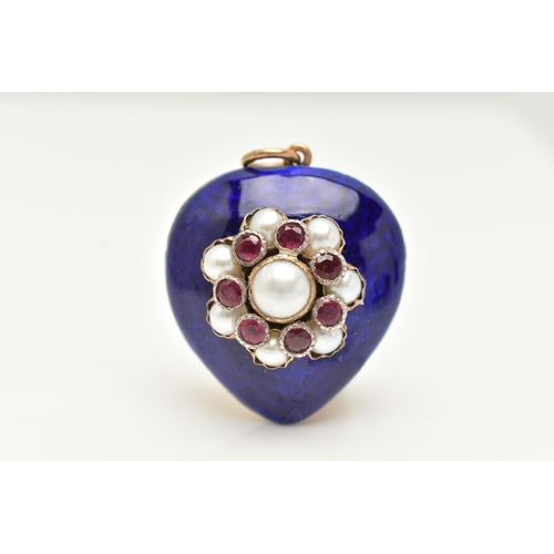 182 - A LARGE ENAMEL, CULTURED PEARL AND RUBY HEART PENDANT, large hollow heart, blue guilloche enamel fro... 